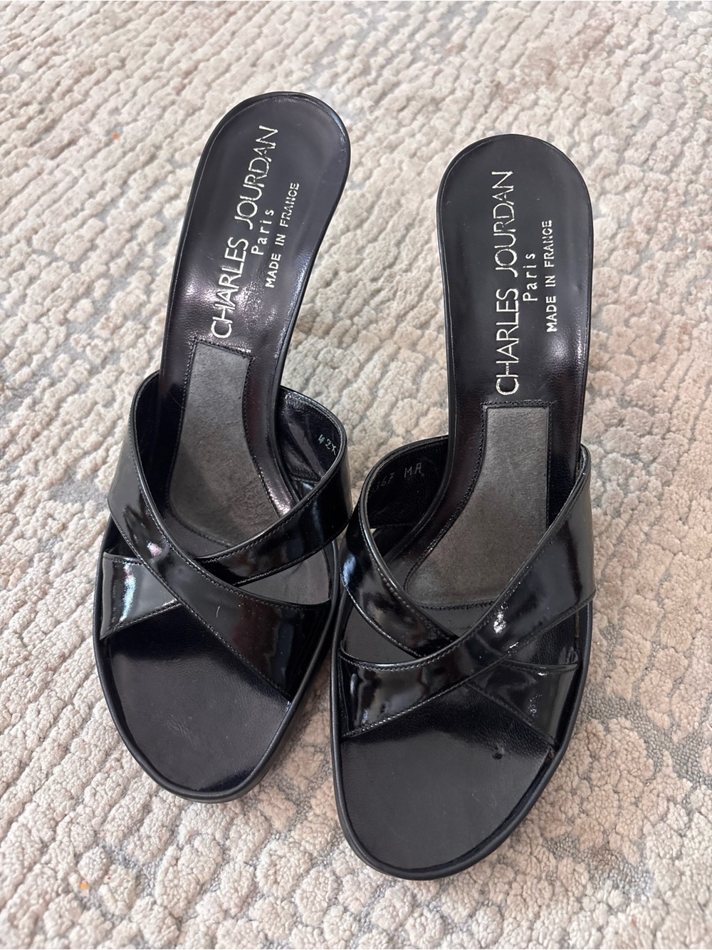 Charles Jourdan Black Patent Slide Sandals Womens 7